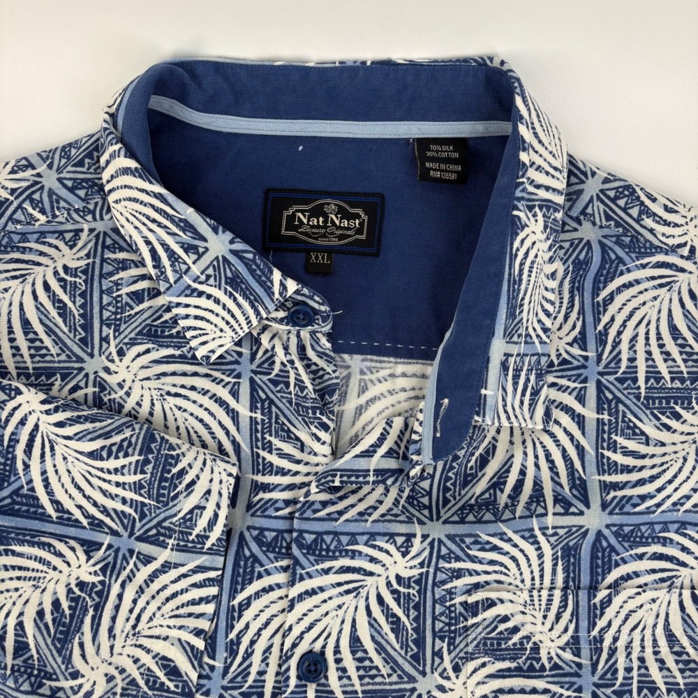 Nat Nast Mens XXL Blue Silk Cotton Geometric Palm Leaf Print Short Sleeve Shirt